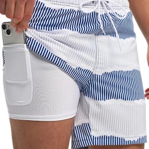Mens Swim Trunks Stretch Water Beach Shorts with Compression Liner 2 in 1 Quick-Dry Swimming Shorts with Zipper Pockets, Blue White Stripes, M