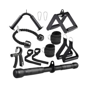 10-In-1 Cable Machine Attachments Set for Gym - Includes Tricep Rope, V-Bar, Straight Bar, D-Handle, Ankle/Wrist Straps, Storage Bag - Compatible with LAT Pulldown & Home Gym Cable Machines