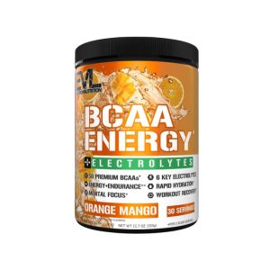 EVL Bcaas Amino Acids Powder - BCAA Energy Pre Workout Powder for Muscle Recovery Lean Growth and Endurance - Rehydrating Post Workout Recovery Drink with 6 Key Electrolytes - Orange Mango