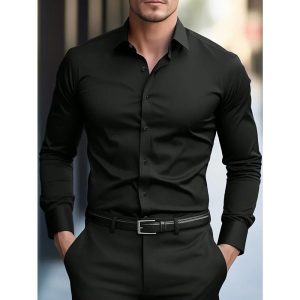 2025 Men's Shirt Brand New Solid Color Long Sleeve Smart Casual Four Season Elastic Male Business Shirts