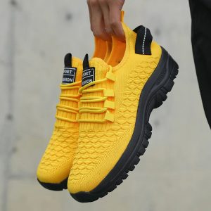 Men's Bright Yellow Outdoor Sneakers Breathable Mesh Construction Shock Absorbing Sports Shoes Stylish Trendy Adventure Footw