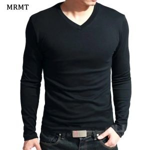 2025 Elastic Mens T-Shirt V-Neck Long Sleeve Men T Shirt For Male T-Shirts Man Clothing TShirt Brand New Solid Color Tops Tee