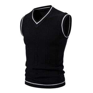 Autumn Winter Men's Knit Vests V-Neck Sleeveless Slim Fit Knitted Pullovers Men Fashion Patchwork Smart Casual Sweater Vest M