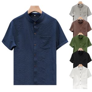 M-5XL Summer Men's Shirt Short Sleeved with Bubble Gauze Textured Fabric Thin Quick Drying Stand Up Collar Short Sleeved Shir